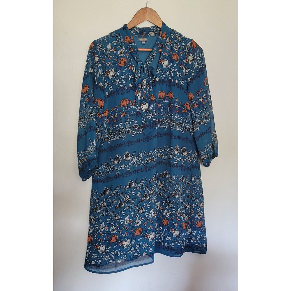 lily rose womens medium dress floral print v neck tie neck 3/4 sleeves Large - M